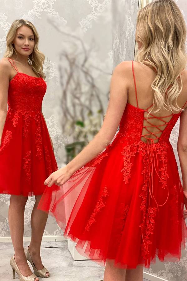 Red Tulle Lace Spaghetti Straps Homecoming Dresses, Short Prom Dress, MH530 | red lace homecoming dresses | cheap homecoming dress | short prom dresses | www.musebridals.com