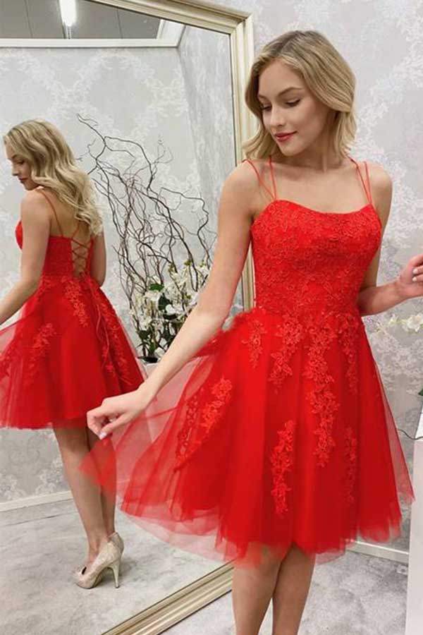 Red Tulle Lace Spaghetti Straps Homecoming Dresses, Short Prom Dress, MH530 | lace homecoming dresses | school event dresses | graduation dresses | short prom dress | www.musebridals.com
