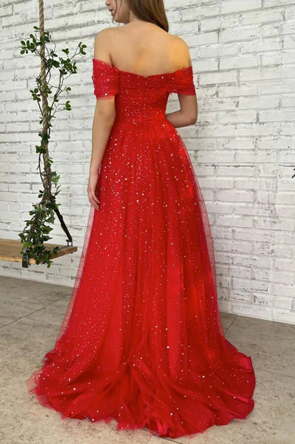 Red Tulle Off-the-Shoulder Long Prom Dresses, A-line Evening Gowns, MP718 | dress for prom | modest prom dress | long prom dress | musebridals.com