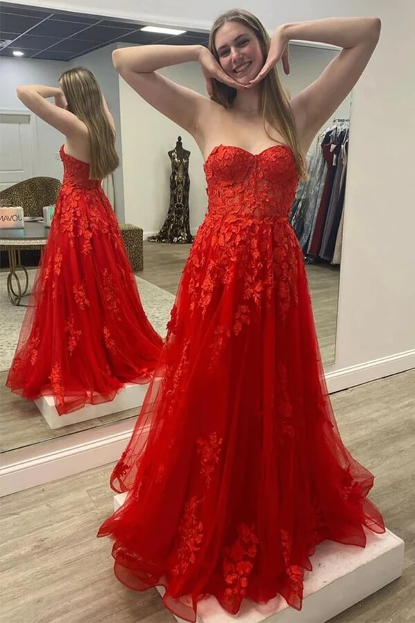 Red Tulle Strapless Long Prom Dresses, Evening Gown With Lace Appliques, MP712 | red prom dresses | lace prom dresses | a line prom dress | musebridals.com