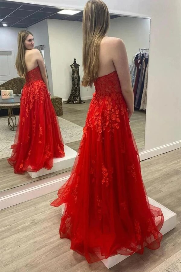 Red Tulle Strapless Long Prom Dresses, Evening Gown With Lace Appliques, MP712 | cheap long prom dresses | evening dresses | long formal dresses | musebridals.com