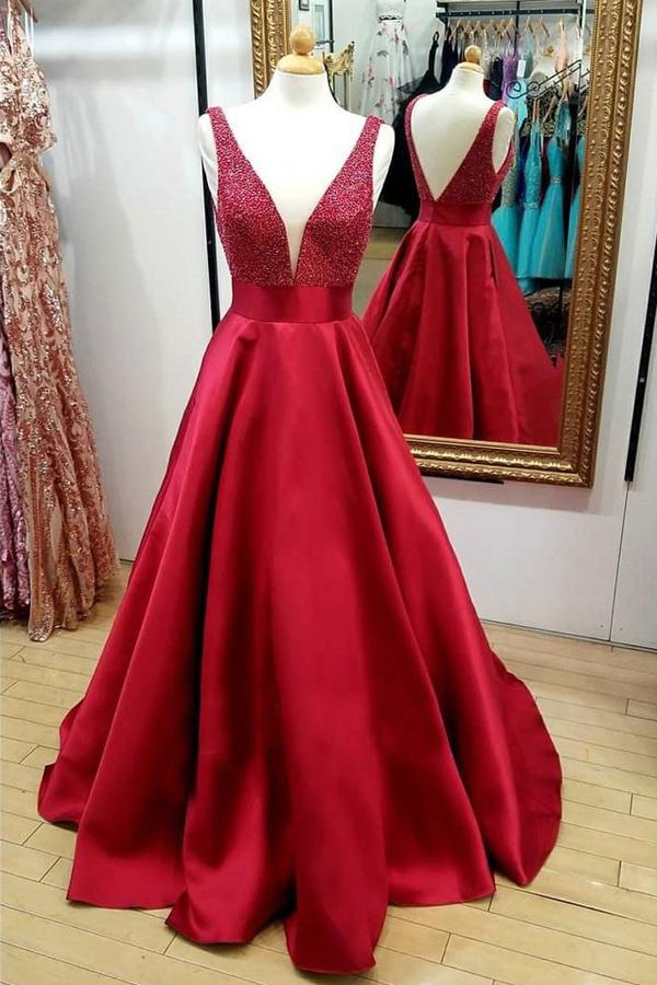 Red A Line V-Neck Beaded Backless Quinceanera Dresses Cheap Long Prom Dress, Mp115