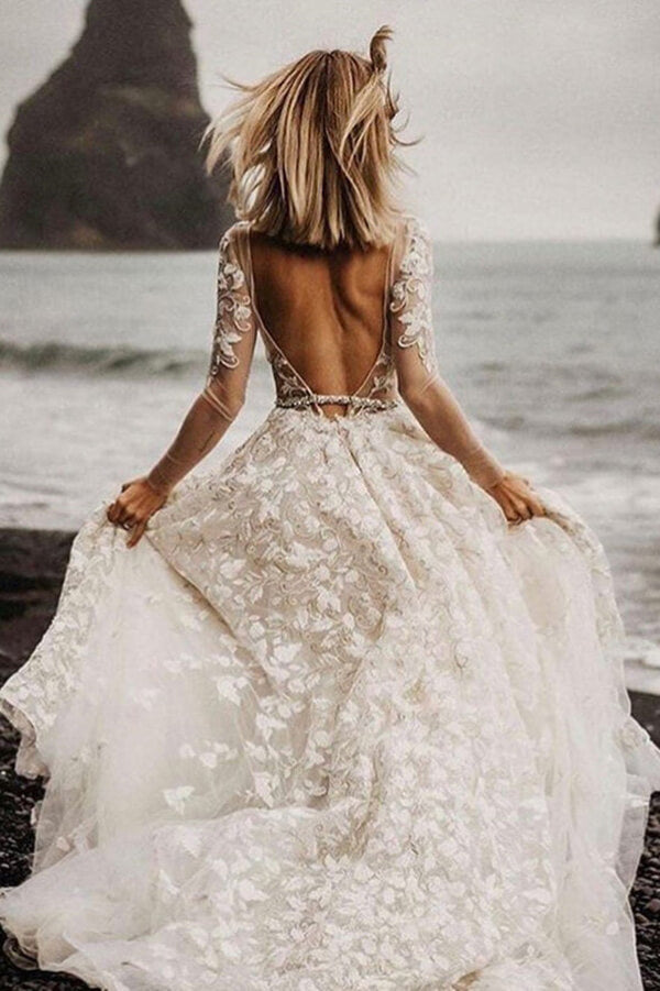 Lace A-line V-neck Long Sleeves Wedding Dresses MW681