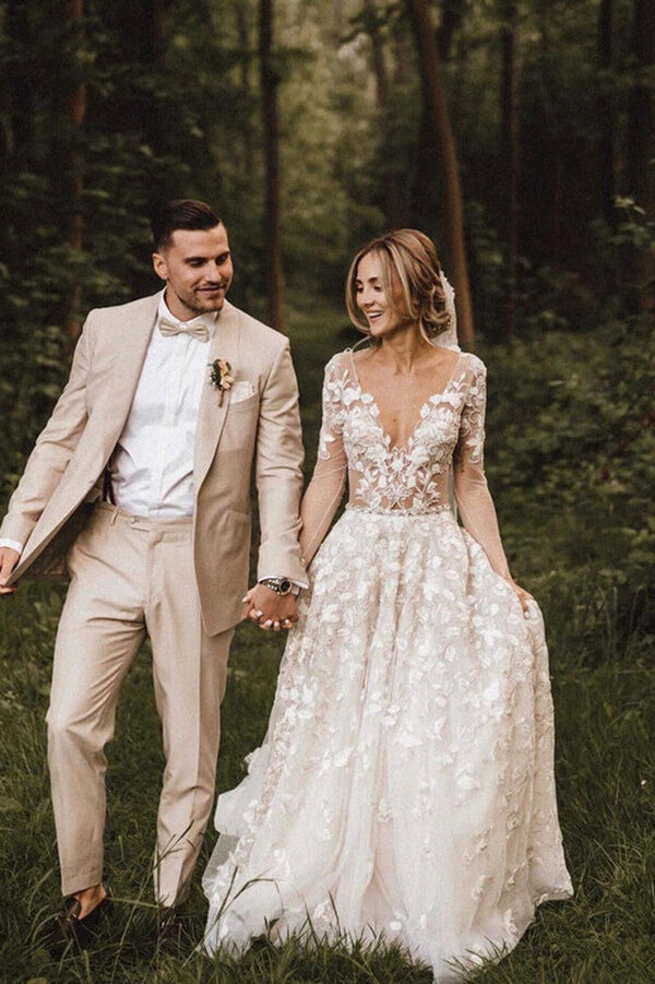 Lace A-line V-neck Long Sleeves Wedding Dresses MW681