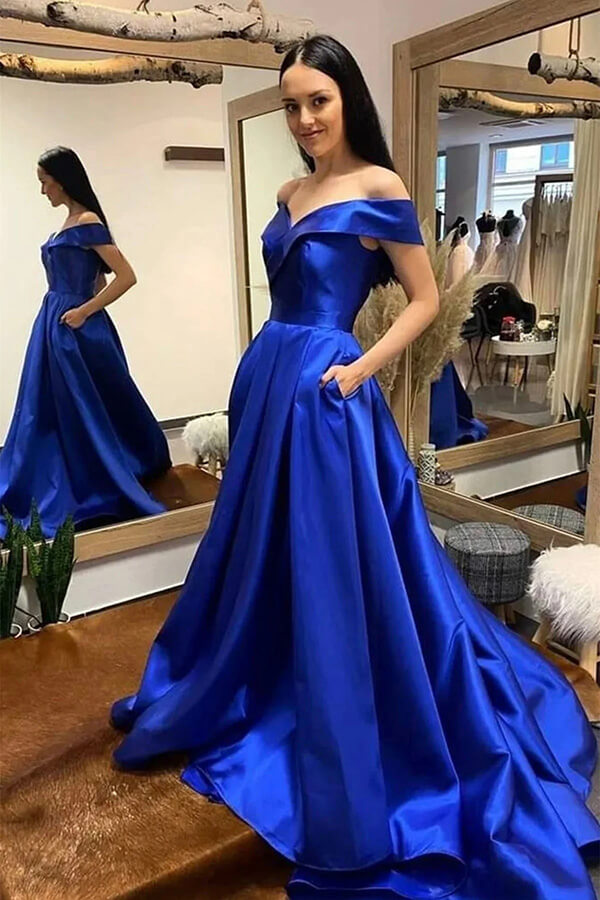 Royal Blue A-line Off Shoulder Prom Dresses, Evening Dresses With Train, MP725 | satin prom dress | long formal dress | evening gown | musebridals.com
