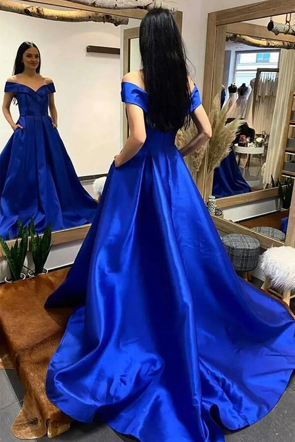 Royal Blue A-line Off Shoulder Prom Dresses, Evening Dresses With Train, MP725 | cheap long prom dresses | simple prom dresses | party dresses | musebridals.com