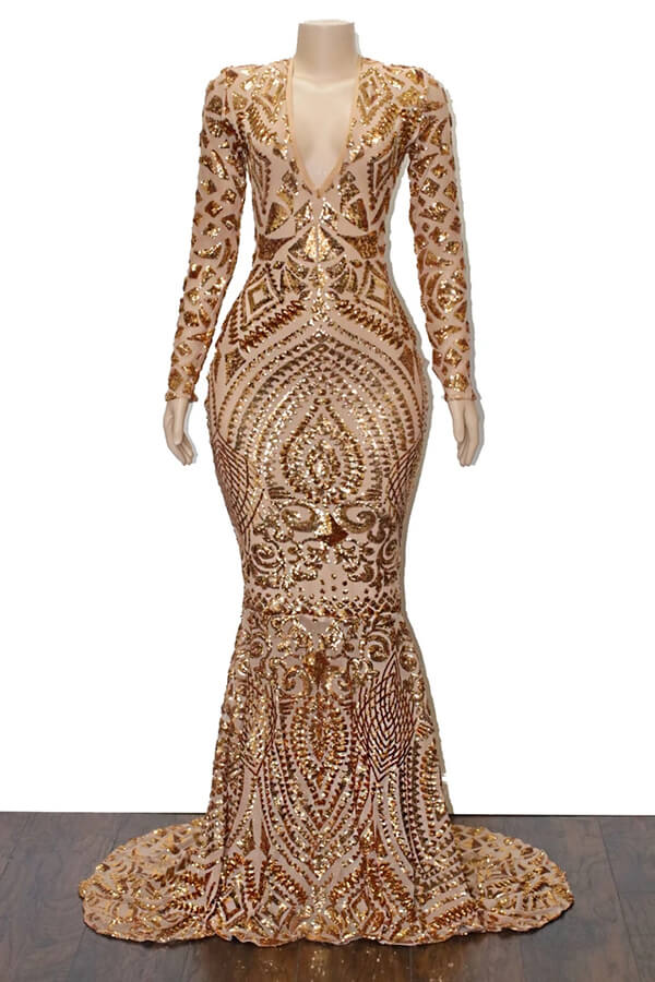 Gold Mermaid Long Sleeves Sequin V Neck Prom Dress Gold Mermaid Long Sleeves Sequin V Neck Prom Dress