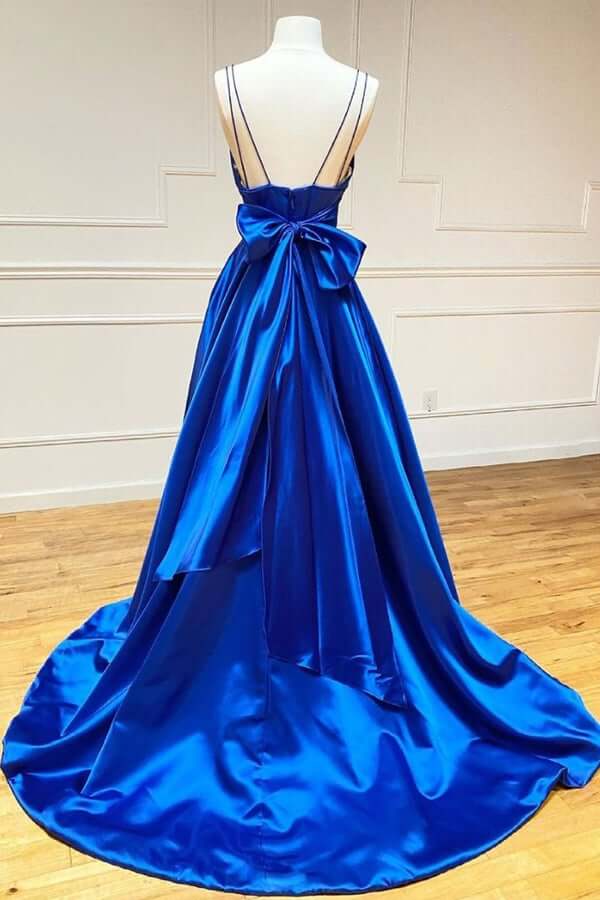 Royal Blue Satin A-line Spaghetti Straps Long Prom Dresses With Bowknot, MP692 | royal blue prom dresses | sweep train prom dresses | evening dresses | www.musebridals.com