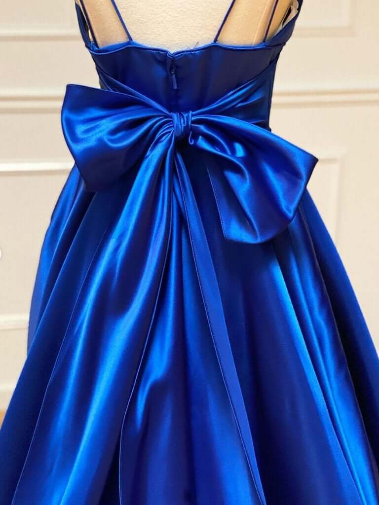 Royal Blue Satin A-line Spaghetti Straps Long Prom Dresses With Bowknot, MP692 | satin prom dresses | simple long prom dresses | party dresses | www.musebridals.com