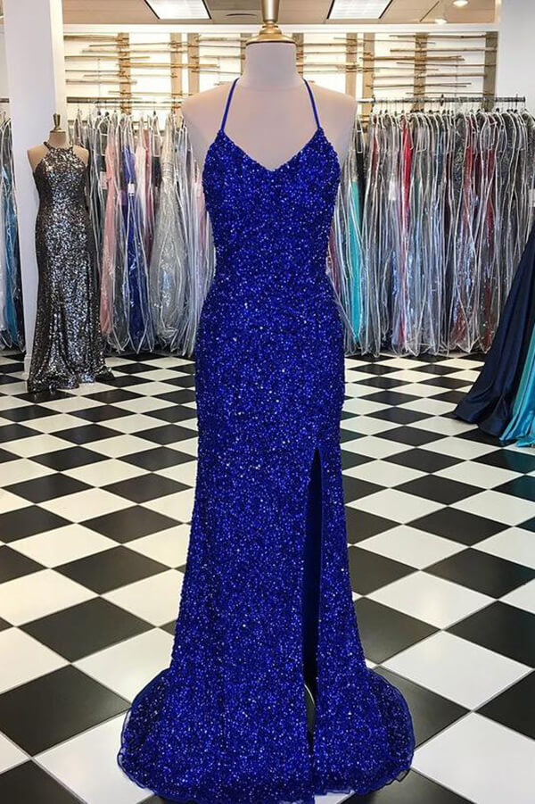 Royal Blue Sequins Sheath Sweep Train Prom Dress MP632