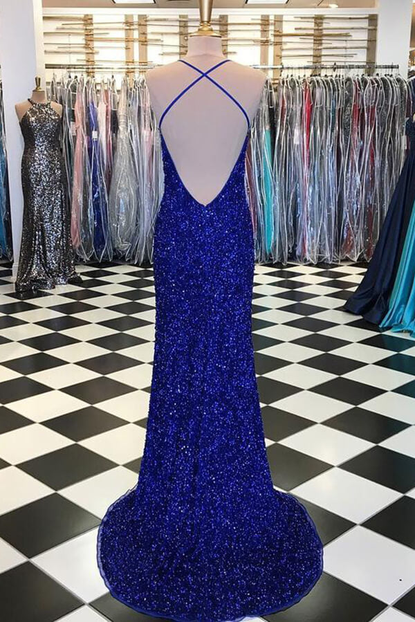 blue prom dress with sequins KissProm Mermaid V Neck Slit, / 2 This strapless evening gown features a fitted bodice with sheer panel details and shimmering embellishments for a touch of glamour Royal Blue Sequins Sheath Sweep