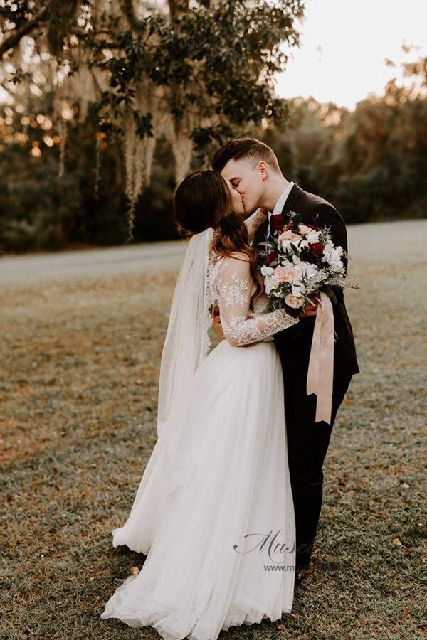 Rustic Bohemian Lace Illusion Neckline Long Sleeves Wedding Dresses, MW547 | cheap lace wedding dress | long sleeves wedding dress | bridal gowns | bridal dresses | www.musebridals.com