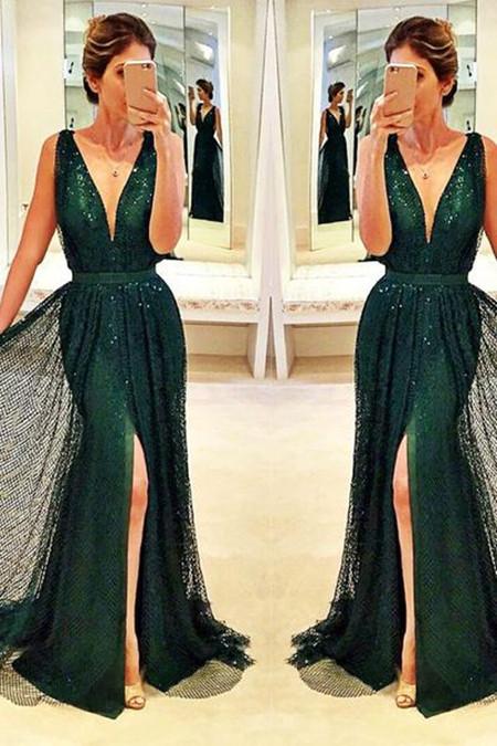 Dark-Green Glittering Front-Split Sleeveless V-Neck Long Prom Dress, MP225