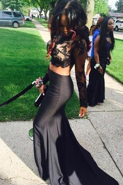 Black Two Pieces Long Prom Dresses, Mermaid Lace Formal Dress For Prom, MP105