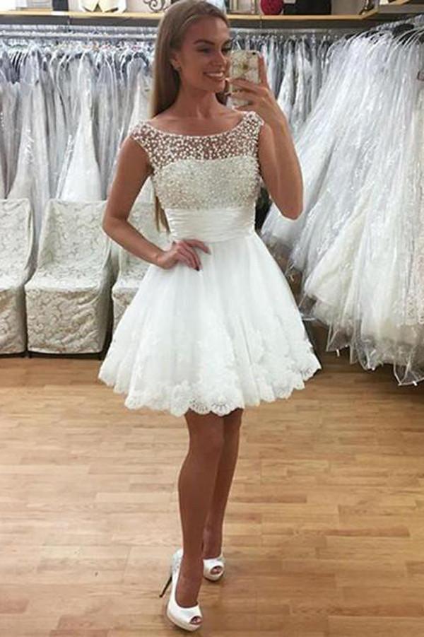 Charming Beaded Sheer Tulle Lace Appliques Homecoming Dresses Graduation Dress, MH411