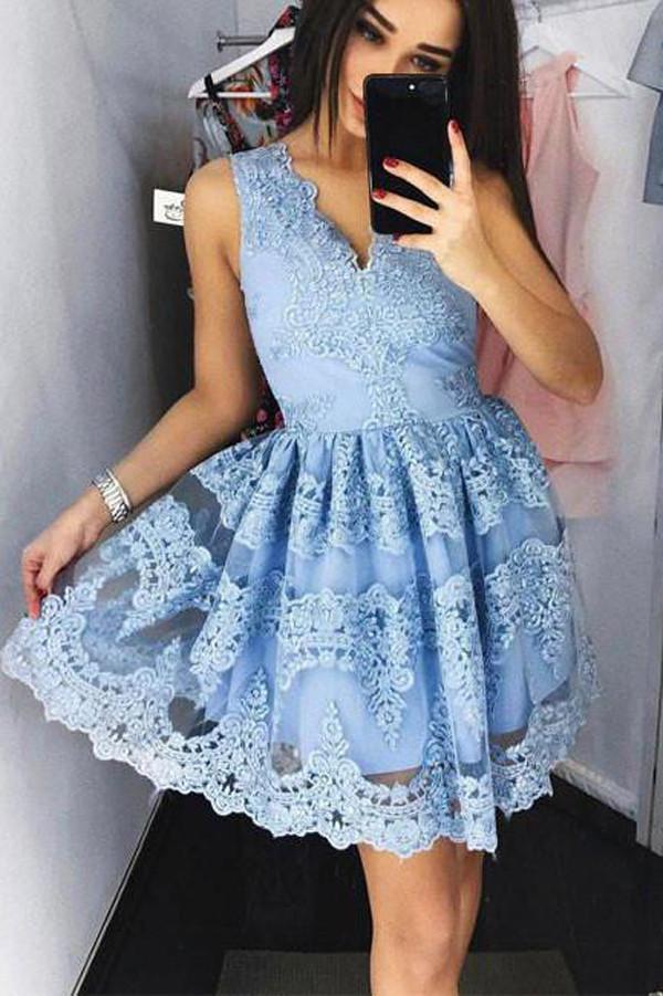 Simple Blue V Neck Lace Appliques Floral Homecoming Dress Party Dress, MH351