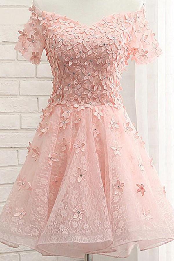 Pink Tulle Off Shoulder Floral Homecoming Dresses with Appliques, MH357