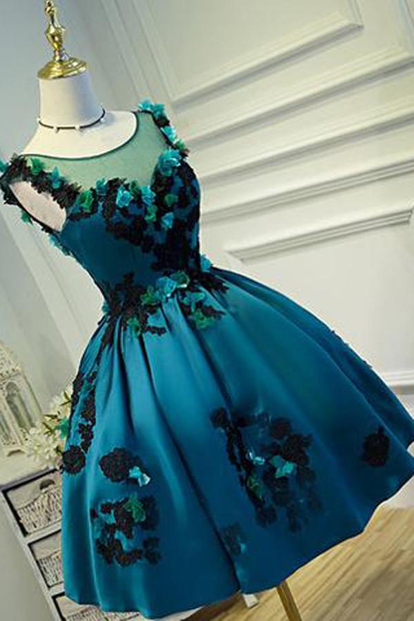 Satin Deep Green Vintage Sheer Appliques Homecoming Dresses Party Dress, MH402