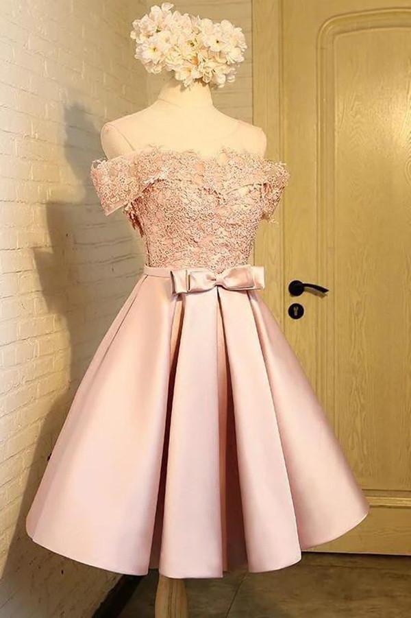 Pink Satin Off The Shoulder Short Prom Dress, Appliques Homecoming Dress, MH266
