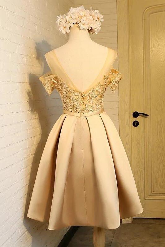 Pink Satin Off The Shoulder Short Prom Dress, Appliques Homecoming Dress, MH266|musebridals.com
