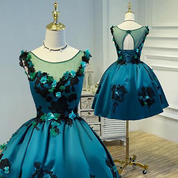 Satin Deep Green Vintage Sheer Appliques Homecoming Dresses Party Dress, MH402