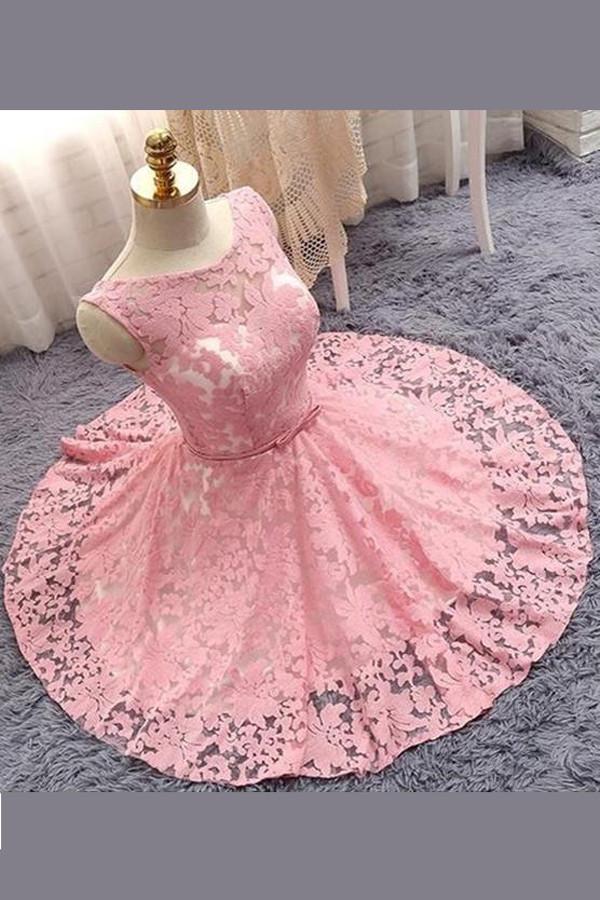 Pink A-line Princess Sheer Floral Homecoming Dresses with Appliques, MH291