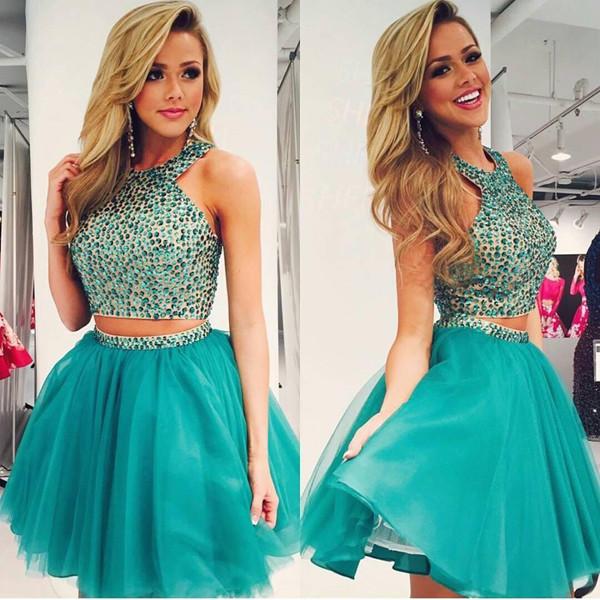 Green Two Piece Beaded Chiffon Halter Homecoming Dresses Party Dress, MH366