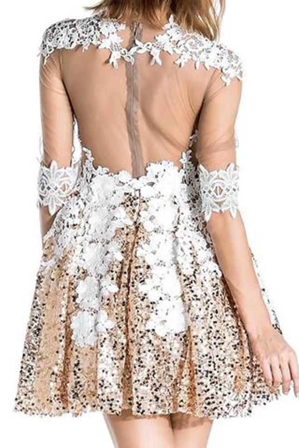 Sequins Beaded Half Sleeves Short Prom Dress, Appliques Sheer Back Homecoming Dress, MH163 at musebridals.com