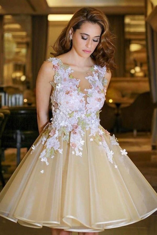 Elegant Tulle Short Prom Dresses, Open Back Homecoming Dress With Appliques, MH202