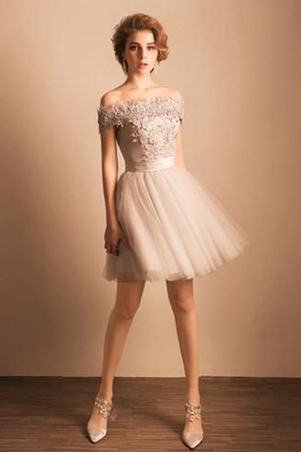 Off The Shoulder Tulle Short Prom Dress, Appliques Scoop Homecoming Dresses, MH267