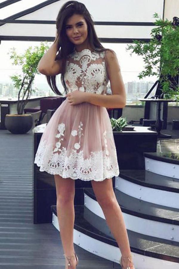 Cute Tulle Lace Up Sleeveless Homecoming Dresses with Appliques, MH363