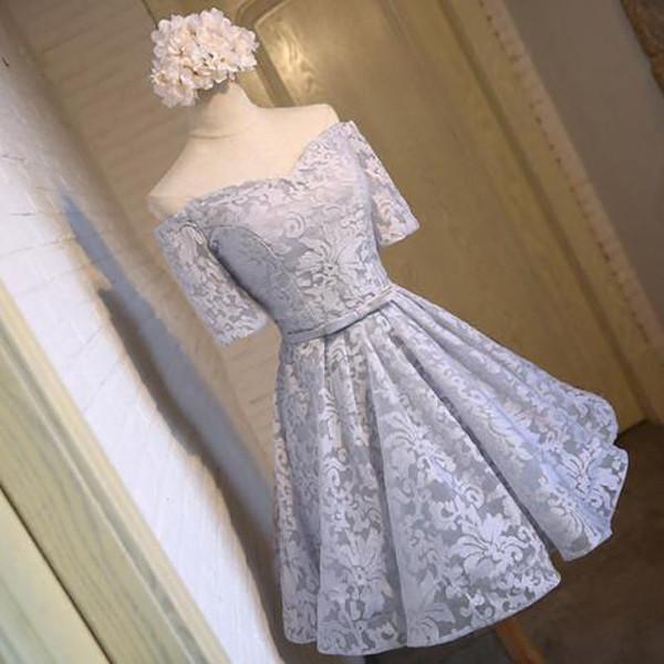 Gray Off Shoulder Half Sleeve Lace Up Homecoming Dress With Appliques, MH216 Musebridals Gray Off Shoulder Half Sleeve Lace Up Homecoming Dress With Appliques, MH216 Musebridals