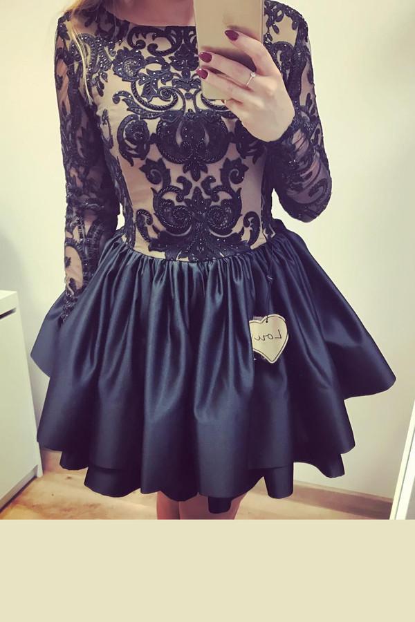 Black Long Sleeve Ball Gown V Back Appliques Homecoming Dress, Short Prom Dress, MH117