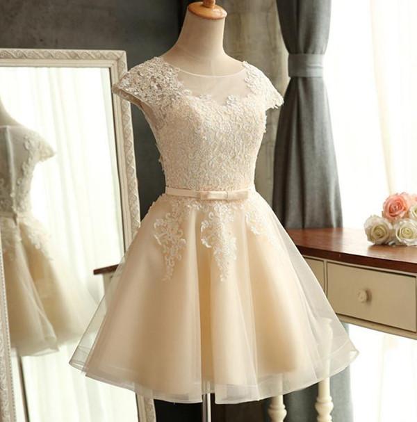 Sheer Capped Sleeve Short Prom Dress, Lace Up Appliques Homecoming Dress, MH159 at musebridals.com