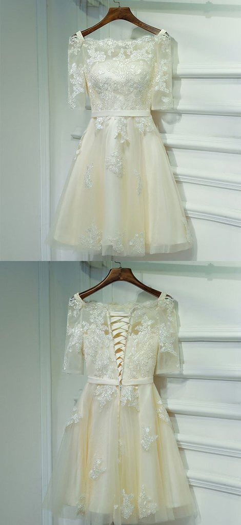 Ivory Half Sleeve Off Shoulder Lace Up Appliques Short Homecoming Dresses, MH233 Musebridals Ivory Half Sleeve Off Shoulder Lace Up Appliques Short Homecoming Dresses, MH233 Musebridals