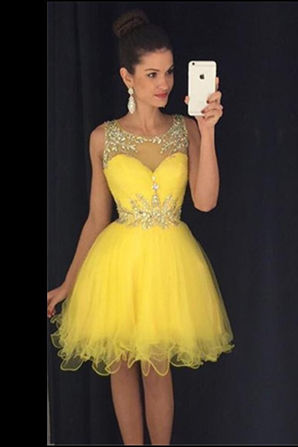 Yellow Tulle See Through Sweetheart Sequins Layers Cheap Homecoming Dresses, MH380