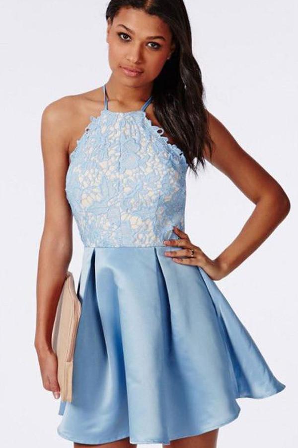 Light Blue Halter Tie Back Appliques Cheap Homecoming Dress, Party Dress, MH244