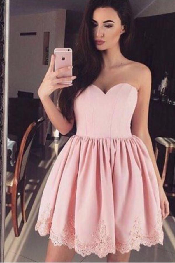 Pink Sweetheart Strapless Sleeveless Appliques Cheap Homecoming Dresses, MH276