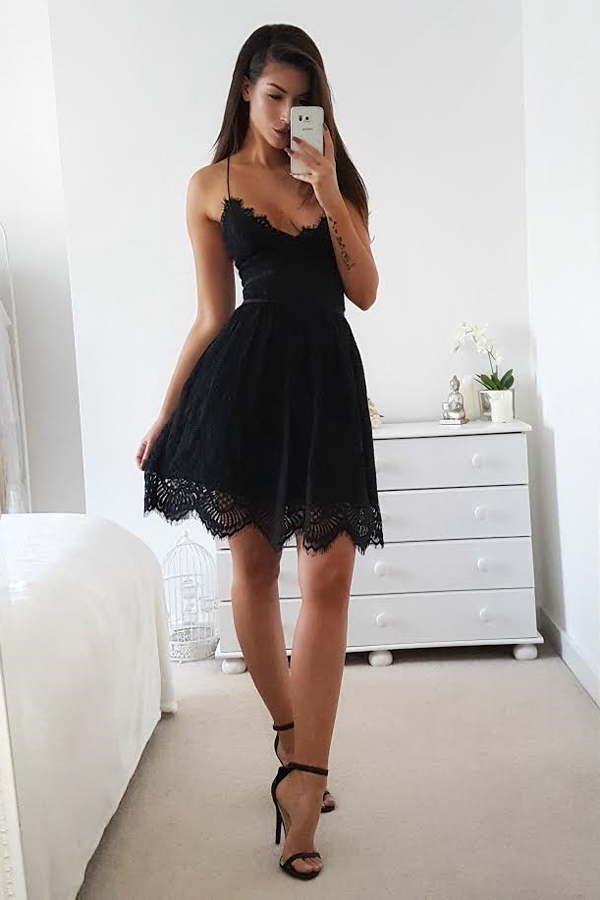Black Halter Tie Back Short Prom Dress, Sleeveless Appliques Cheap Homecoming Dress, MH122