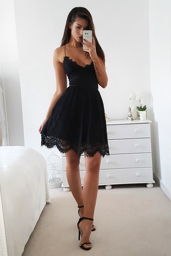 Black Halter Tie Back Short Prom Dress, Sleeveless Appliques Cheap Homecoming Dress, MH122 – Musebridals