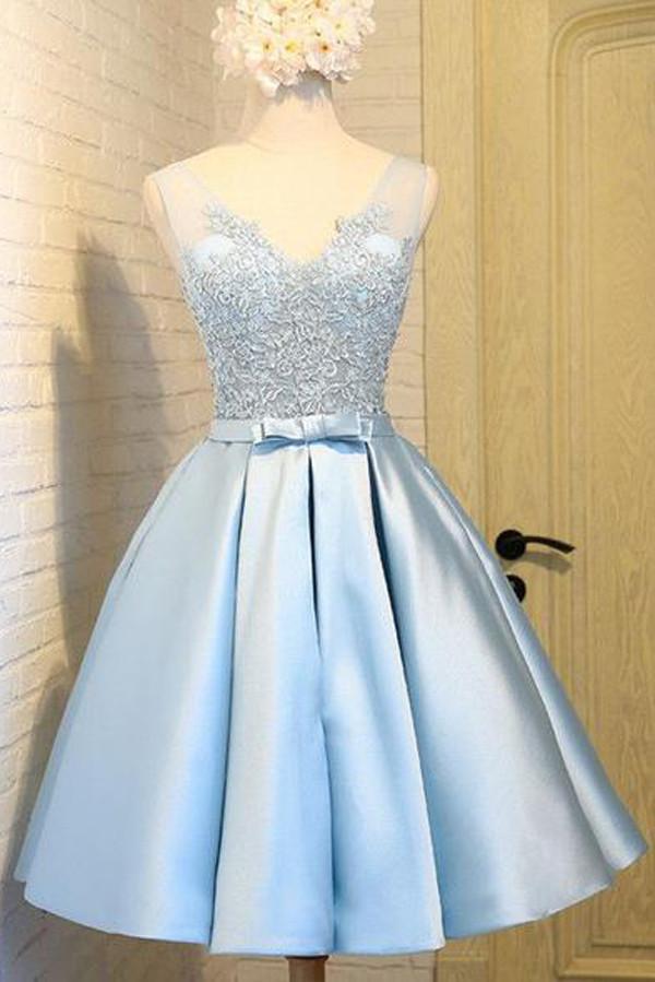 Light Blue Satin V Neck Homecoming Dresses, Party Dress with Appliques, MH246