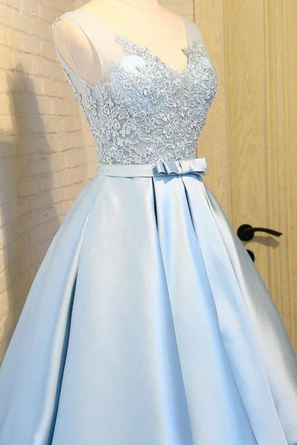 Light Blue Satin V Neck Homecoming Dresses, Party Dress with Appliques, MH246|musebridals.com