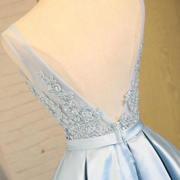 Light Blue Satin V Neck Homecoming Dresses, Party Dress with Appliques, MH246
