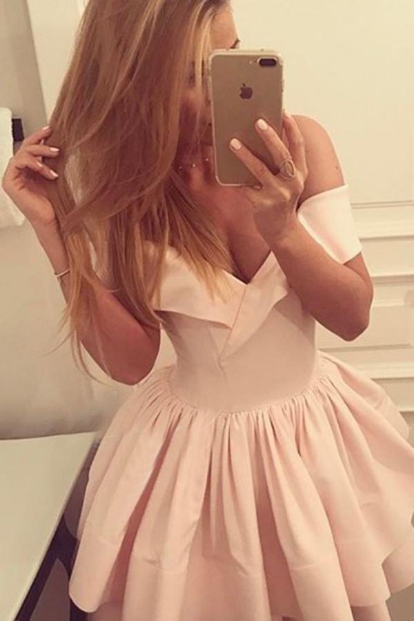 Light Pink Off Shoulder Deep V Neck Ball Gown Homecoming Dress,Party Dress, MH249|musebridals.com
