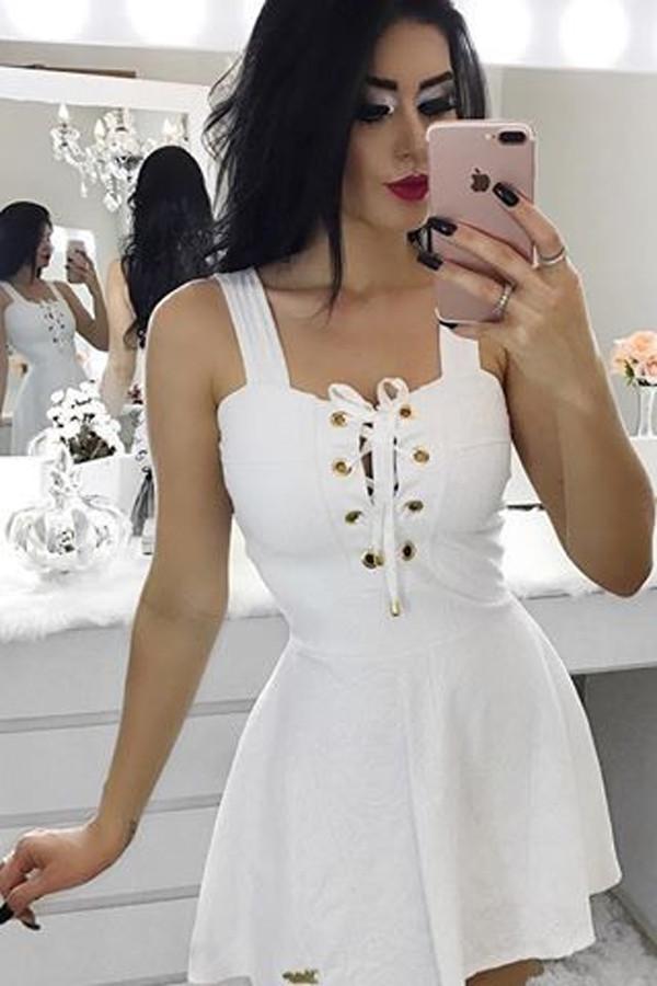 White Satin A-Line Square Neck Simple Short Prom Dress, Homecoming Dresses, MH386