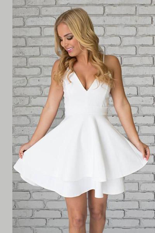White Simple V Neck Spaghetti Straps Satin Homecoming Dresses for Teens, MH423