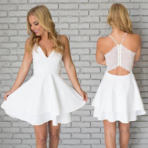 White Simple V Neck Spaghetti Straps Satin Homecoming Dresses for Teens, MH423|musebridals.com