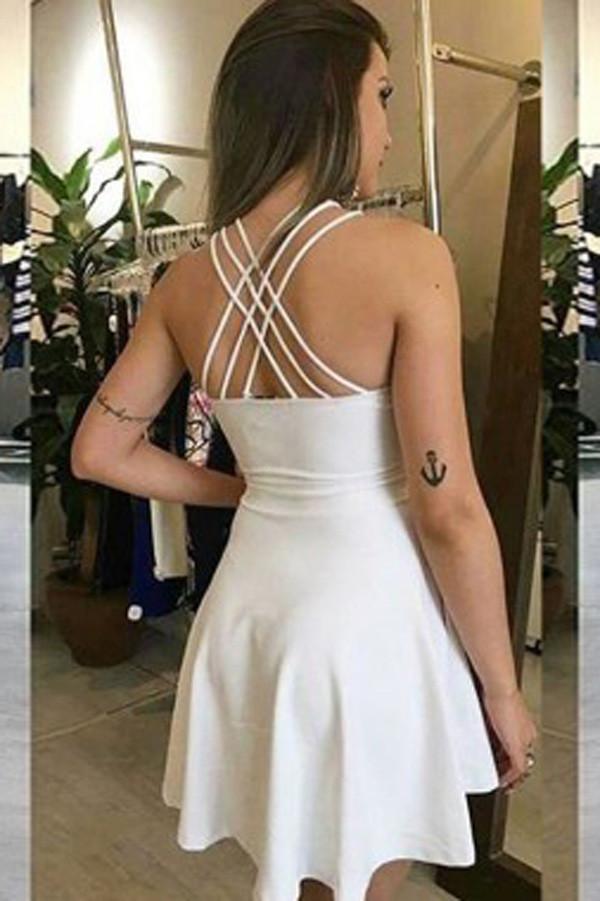 musebridals.com offer Unique White Halter Strapless Satin Tie Back Cheap Homecoming Dresses online, MH406