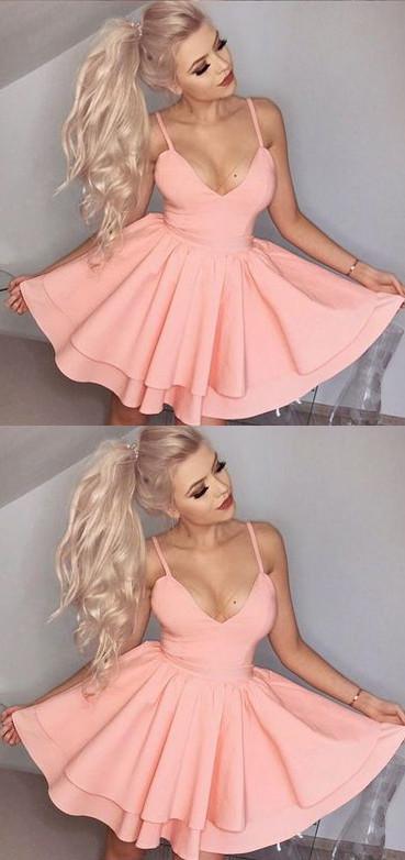 Pink Simple V neck Spaghetti Straps Homecoming Dresses, Short Prom Dresses, MH283|musebridals.com