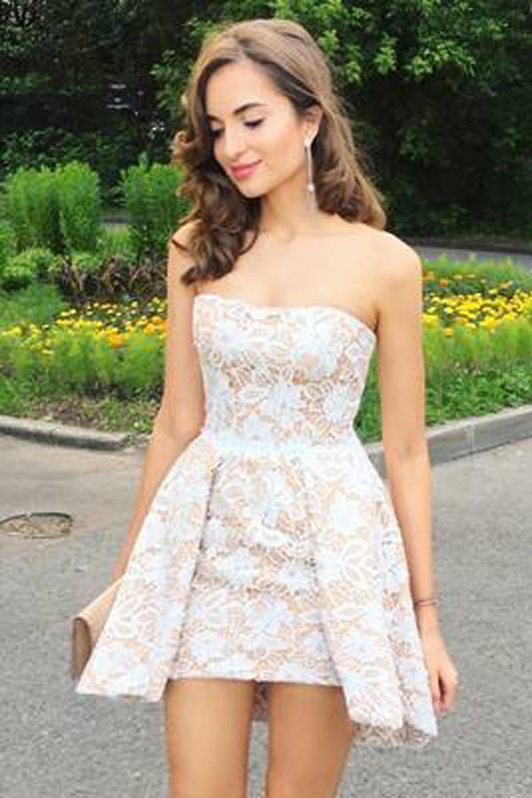 Elegant White Lace Strapless Short Homecoming Dress, Cheap Short Prom Dress, MH203